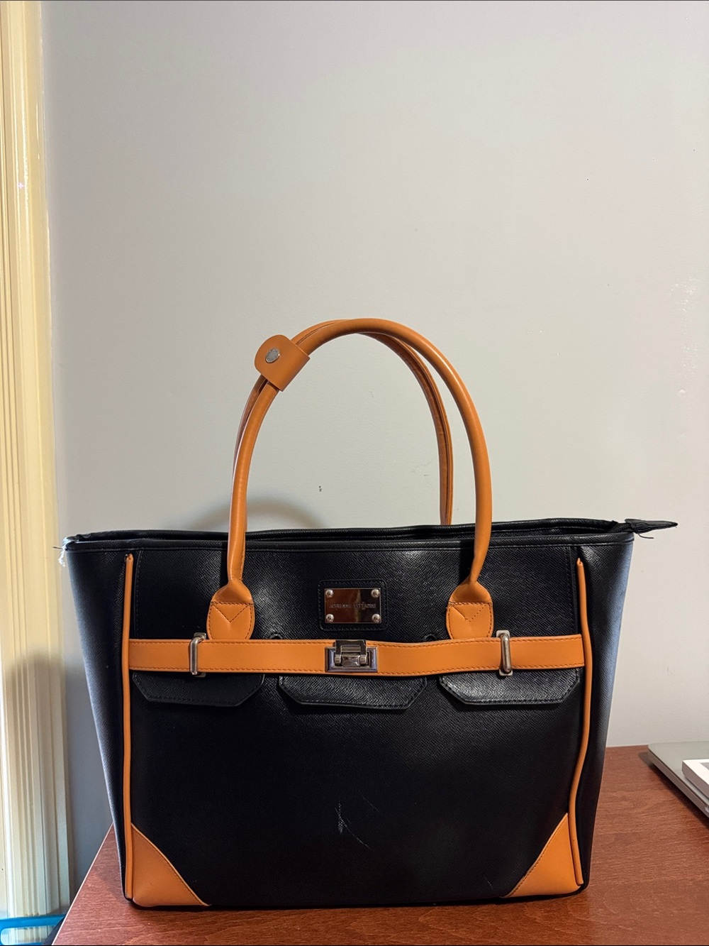 Black and Tan Tote Handbag with Contrast Handles